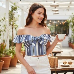 SIMPLY BLESSED S Denim Linen Cropped Striped Smocked Top Bow Tie Front R $65 NWT